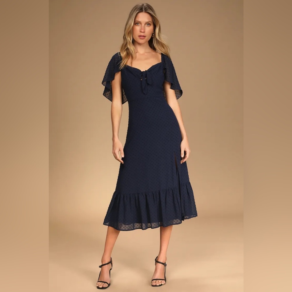 NWT Lulus Only Lovers Navy Blue Swiss Dot Short Cape Sleeve Midi Dress, Size S